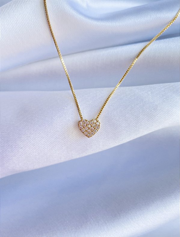 Colar Pingente Mini Coração Cravejado com Zircônias Banho de Ouro 18k
