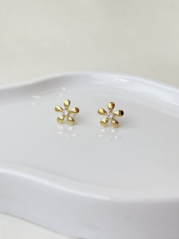 Brinco Flor Zircônia Central Banho de Ouro 18k