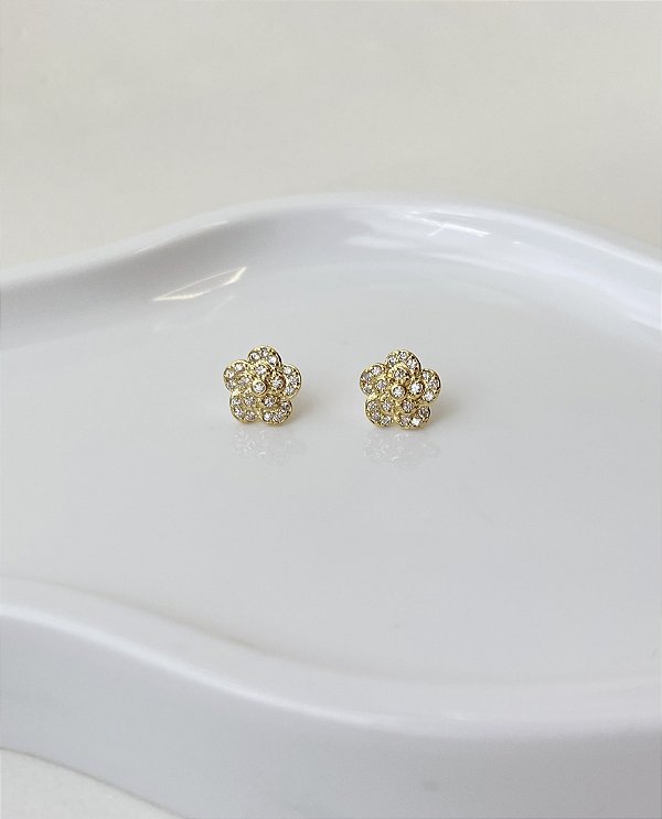 Brinco Rosa Cravejada Com Zircônias Banho de Ouro 18k