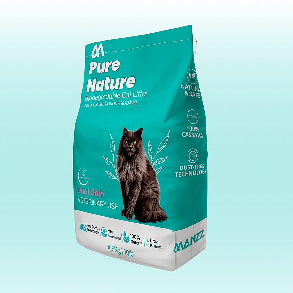 Areia Higiênica Biodegradável Manzz Pure Nature – Mistura de Grãos Duplos, Aglomeração Forte, Controle de Odores – 4,5kg