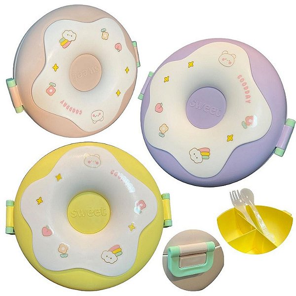 Marmita Donuts Infantil Divisórias Lancheira Colher Garfo