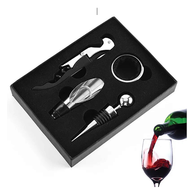 Kit Abridor e Acessórios para Vinho Sofisticado Tampa Dosador 4 Peças Inox Premium
