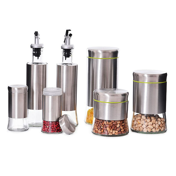 Conjunto De Galheteiro e Porta Condimento 7 Peças em Aço Inox e Vidro