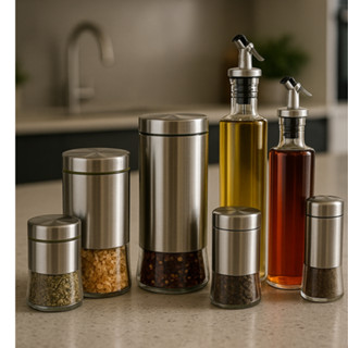 Conjunto de Galheteiro e Porta Condimentos 7 Peças - Aço Inox Decoração Elegante para sua Cozinha