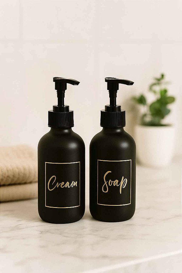 Kit com Porta Creme e Porta Sabonete em Vidro Fosco com Pump Preto – 250ml Funcional para Banheiro