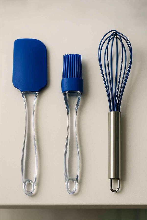 Kit Utensílios de Cozinha em Silicone Azul – Fuê  + Espátula Acrílica + Pincel de Silicone