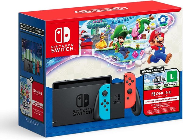 Console Nintendo Switch V2 Neon com Mario Wonder + 3 Meses de Assinatura Nintendo Switch Online