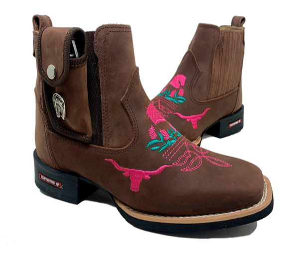 Botina Country Texana Marrom Touro Rosa com bainha e Canivete!