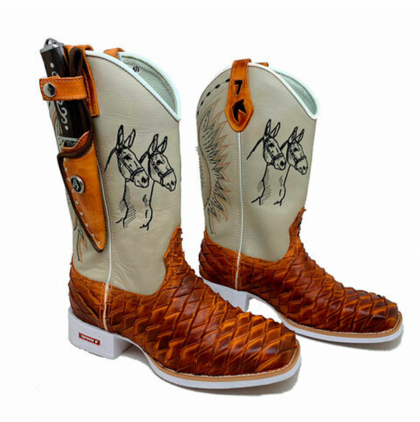 Bota Texana Country Aramado Cavalo Sola Branca com Bainha e Faca