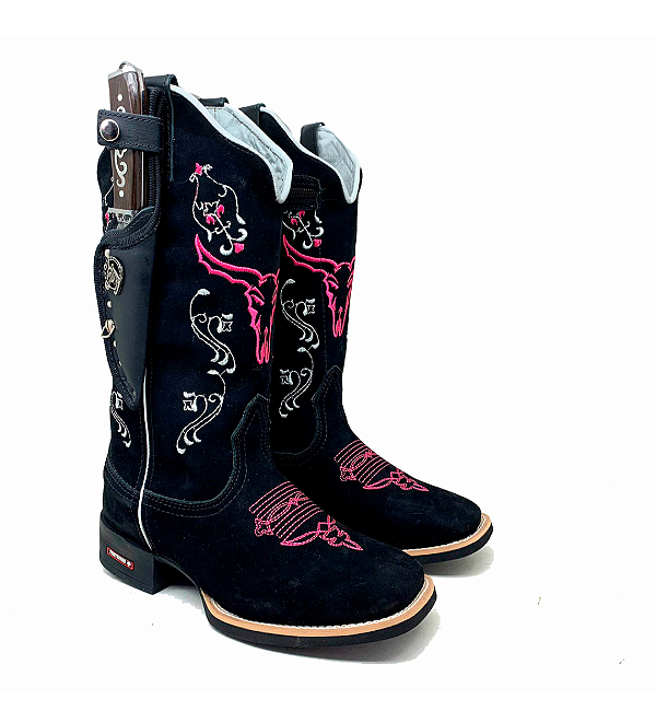 Bota Texana Country Preta Couro Nobuk Touro Rosa Bainha e Faca