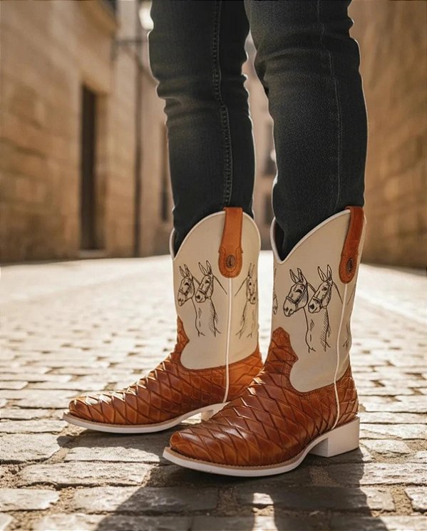 Bota Texana Country Muladeiro Escamada Aramado Sola Branca