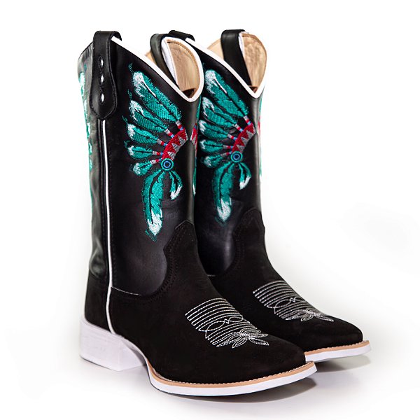 Bota Texana Indio Cocar Verde e Cano Preto Sola Branca