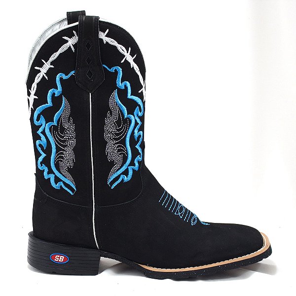Bota Texana Country Preta Couro Nobuk Sola Preta
