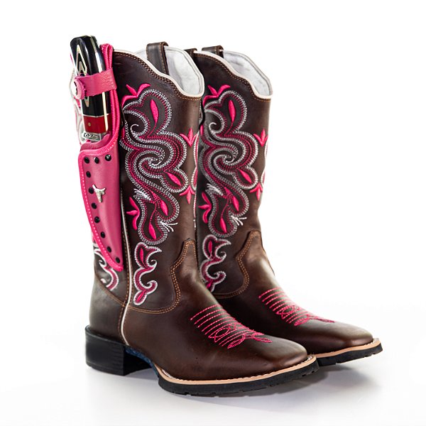 Bota Texana Com Faca Bainha Rosa 100% Couro