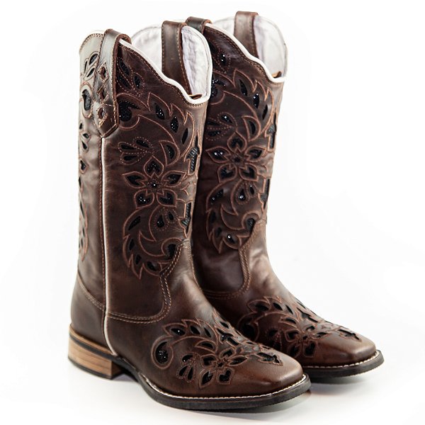 Bota Feminina Texana De Couro Laser e Brilho Gliter