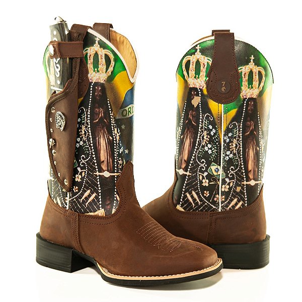 Bota Texana Country Nossa Senhora Aparecida Couro Marrom com Bainha Faca Retiravel