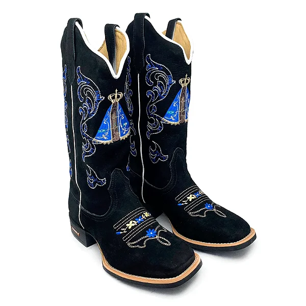 Bota Texana Preta Feminina Em Couro Bordado Azul Aparecida