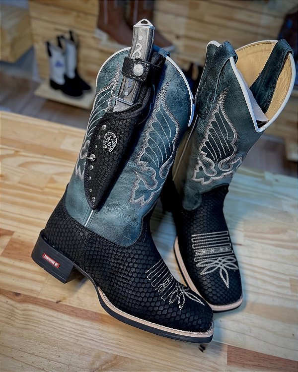 Bota Texana Com Bainha E Faca Couro Azul Petróleo