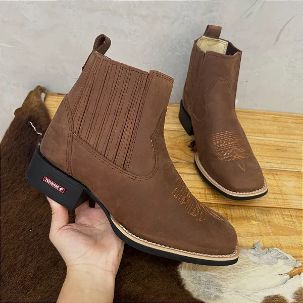 Botina Cano Curto Sola Preta Couro Horse Marrom