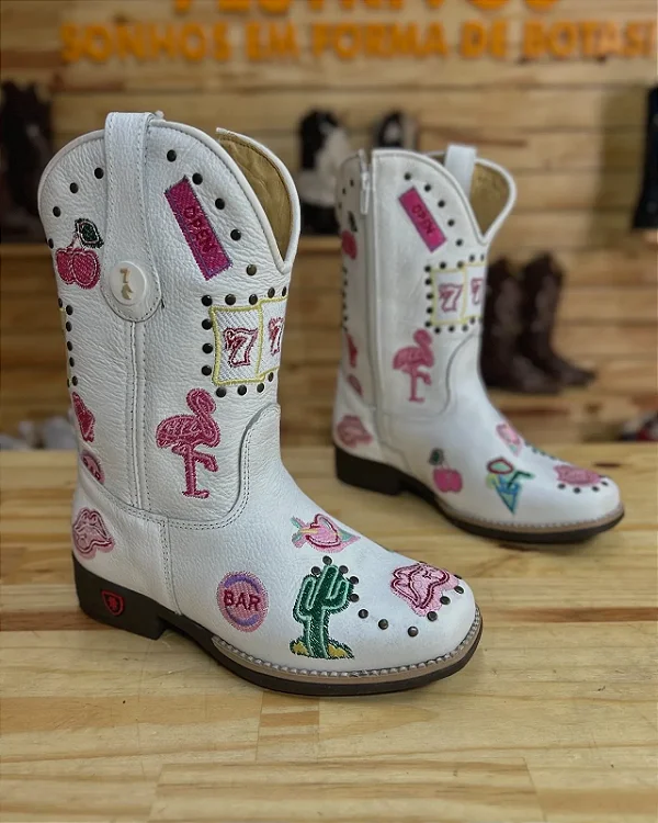 Bota Texana Copas Infantil Couro Floter Branco Produto sob encomenda.