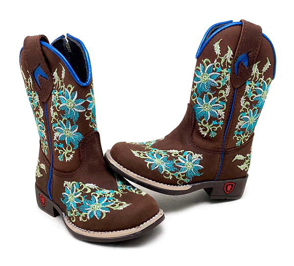 Bota Texana Ires Infantil - Couro Horse Nescau | Bordados Azul e Bege Produto sob encomenda.