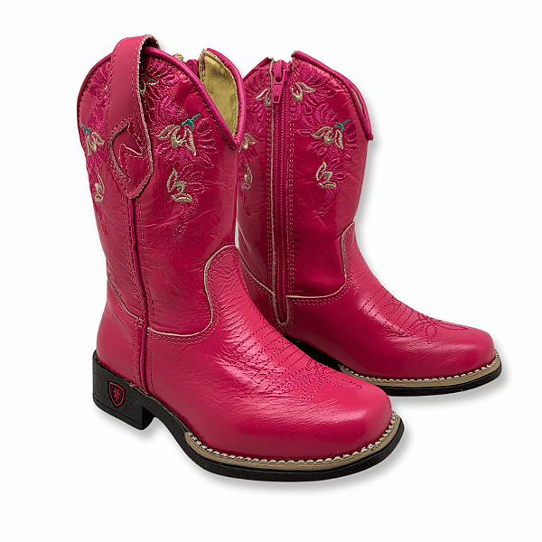 Bota Texana Rosa Infantil - Couro Flay | Bordado Rosa Produto sob encomenda.