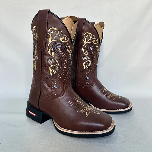 Bota Texana Florência Couro Marrom Liso Bordado Bege Cano Tradicional