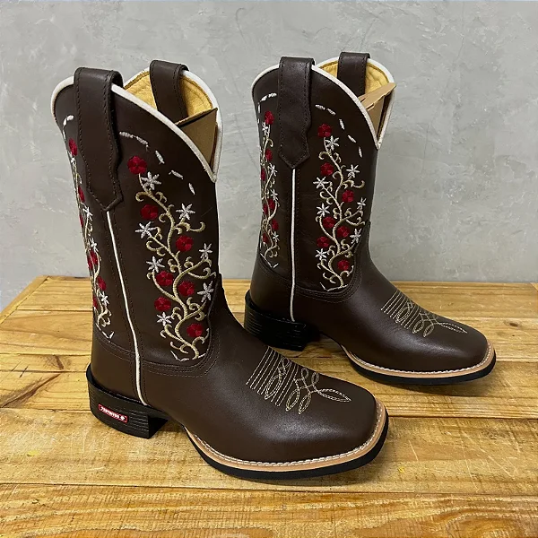 Bota Texana Flores Couro Marrom Cano Tradicional
