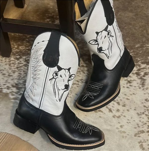 Bota Texana Couro Nelore Preto e Branco
