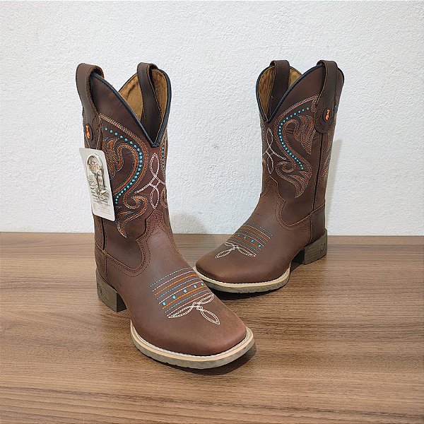 Bota Texana Couro Marrom Bordado Bege Cano Tradicional