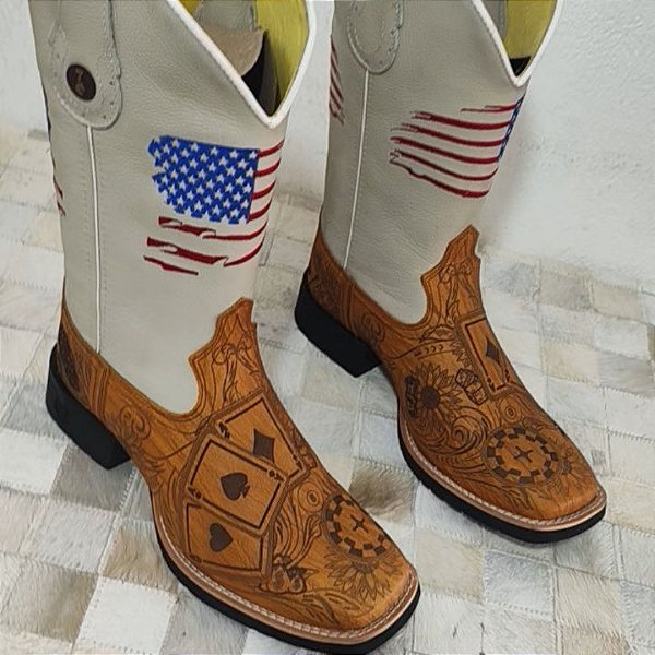 Bota Texana Bandeira Americana Com Baralho Copas Cartas
