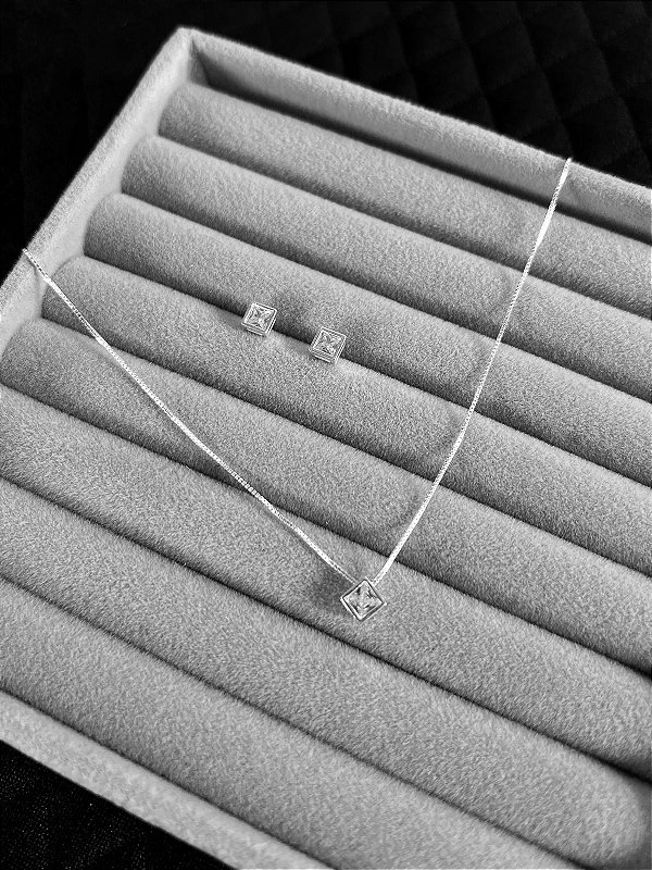 Conjunto Colar e Brincos Quadrado com Zircônia em Prata 925
