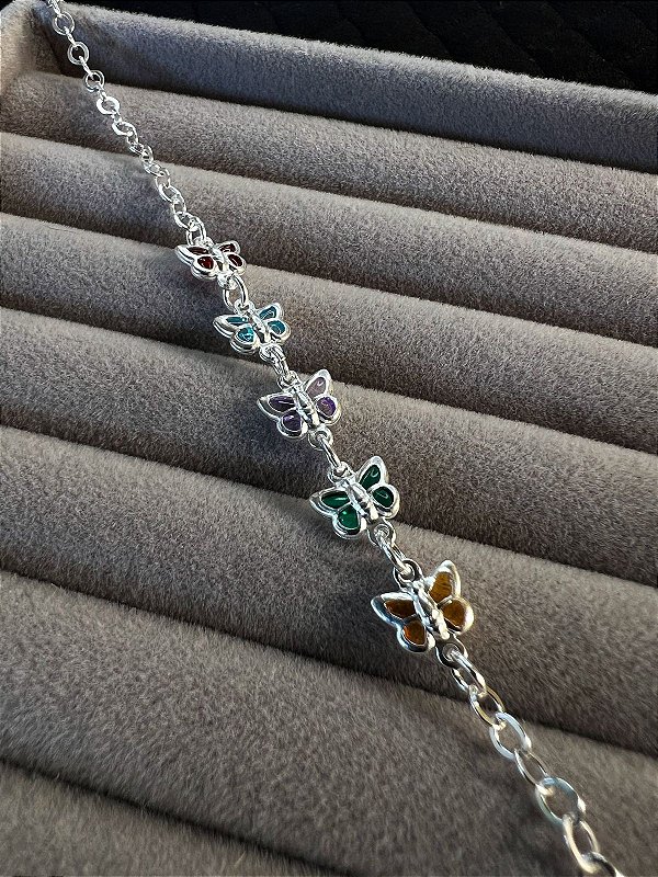 Pulseira Borboletas com Zircônias Coloridas em Prata 925