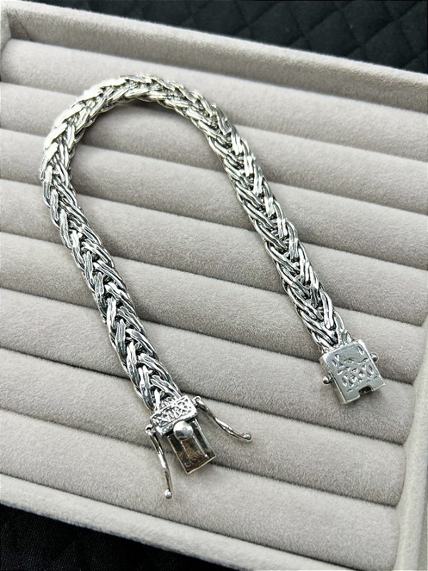 Pulseira Palmeira Dupla Prata Bali Fecho Gaveta 8mm