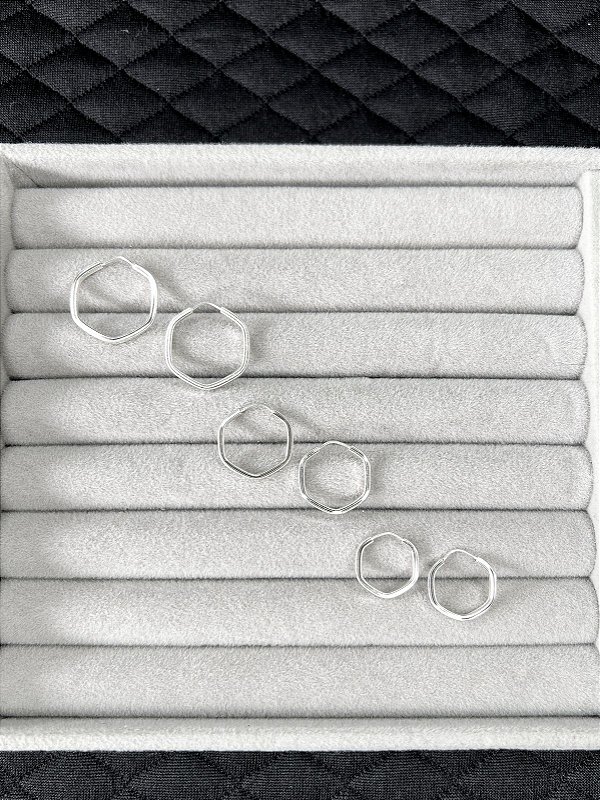 Trio de Brincos Argolas Hexágono Fio Quadrado Prata 925