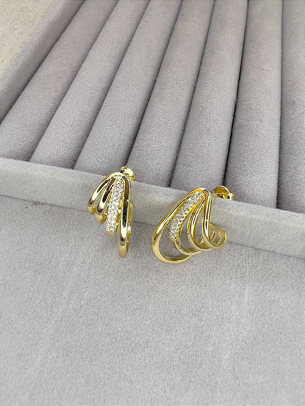 Brinco Argola 4 Fios com Zircônias Banhado a Ouro 18K
