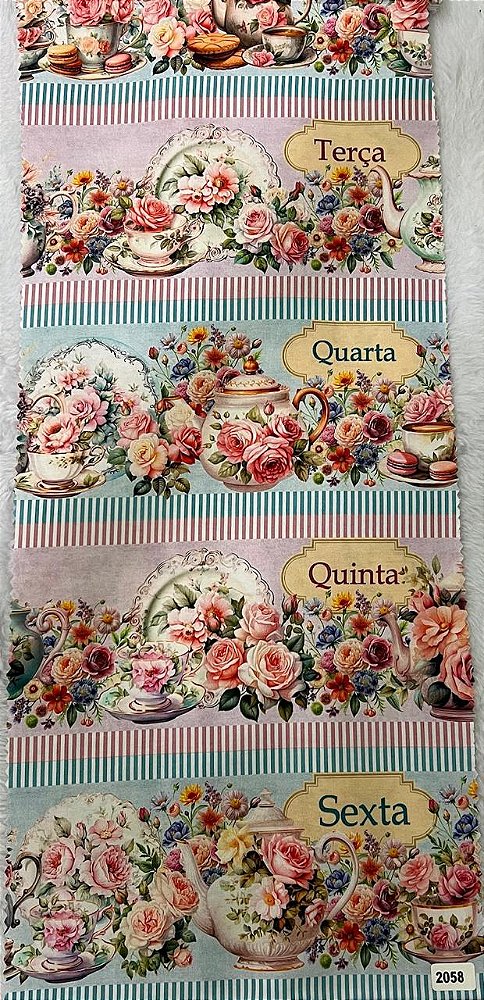 Tricoline digital Semaninha Xícaras e rosas (0,53cm x 1,50 de largura)