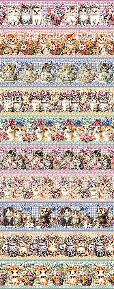 Tricoline digital gatinhos e flores(0,55cm x 1,50 de largura)