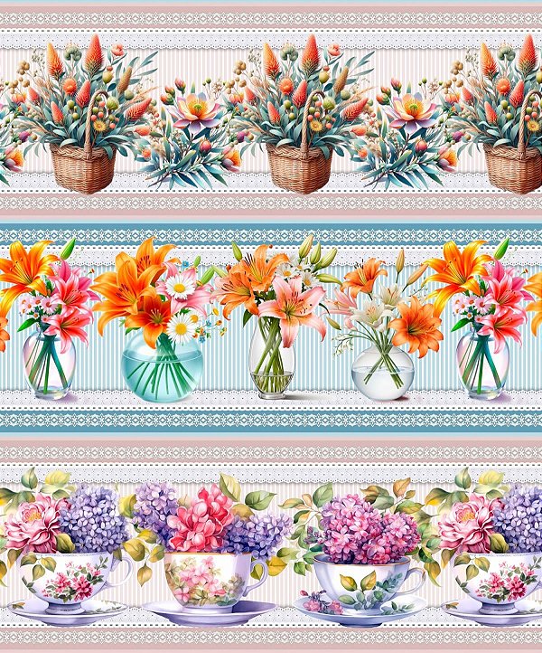 Tricoline digital Flores em vasos (0,55cm x 1,50 de largura)