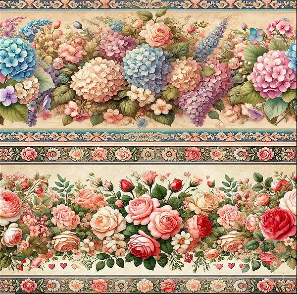 Tricoline digital Rosas e hortênsias (0,55cm x 1,50 de largura)