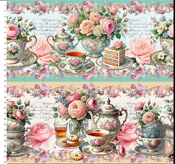 Tricoline digital Flores, xícaras e doces (0,55cm x 1,50 de largura)