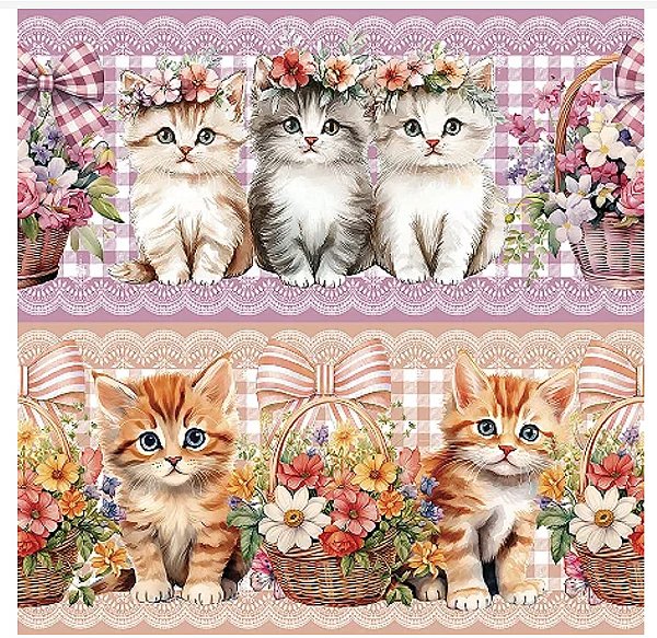 Tricoline digital Gatinhos e cestas (0,55cm x 1,50 de largura)