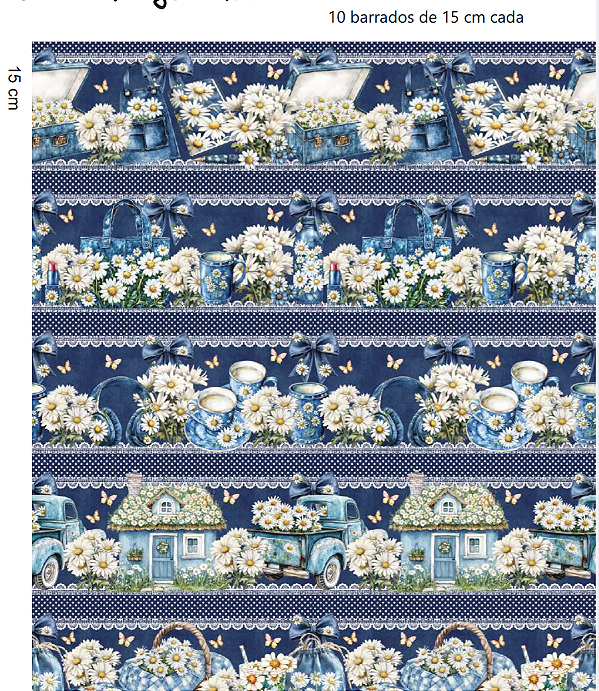 Tricoline digital Jeans com Margaridas (0,55cm x 1,50 de largura)