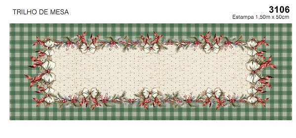Tricoline digital Natal, Coleção Laços,Caminho de mesa (0,50cm x 1,50 de largura)