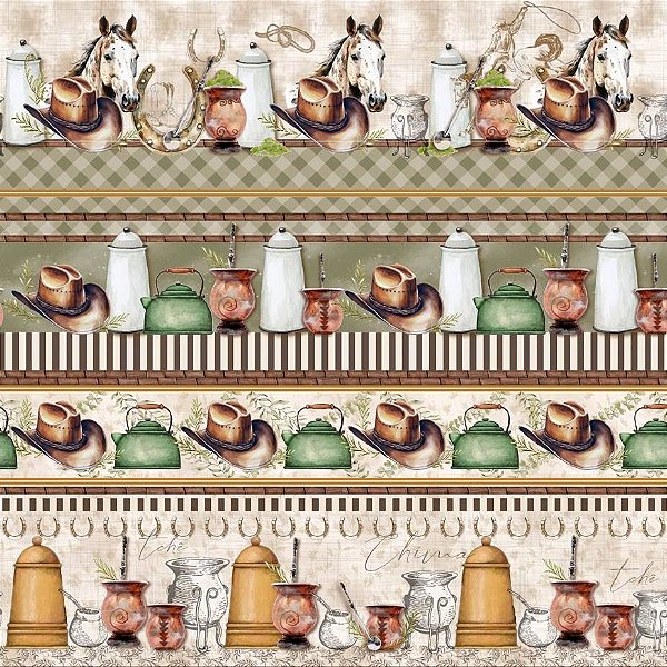 Tricoline digital Chimarrão e cavalos (0,55cm x 1,50 de largura)