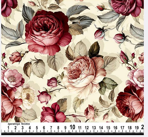 Tricoline digital Rosas Vintage corrido (0,50cm x 1,50 de largura)