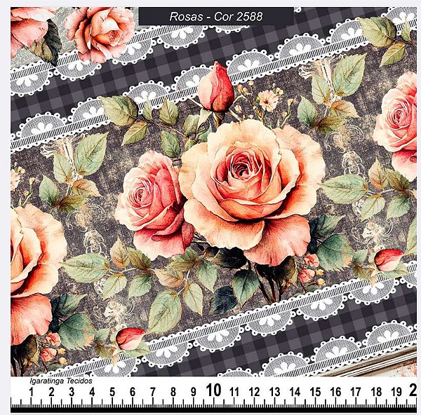 Tricoline digital Rosas fundo cinza (0,55cm x 1,50 de largura)