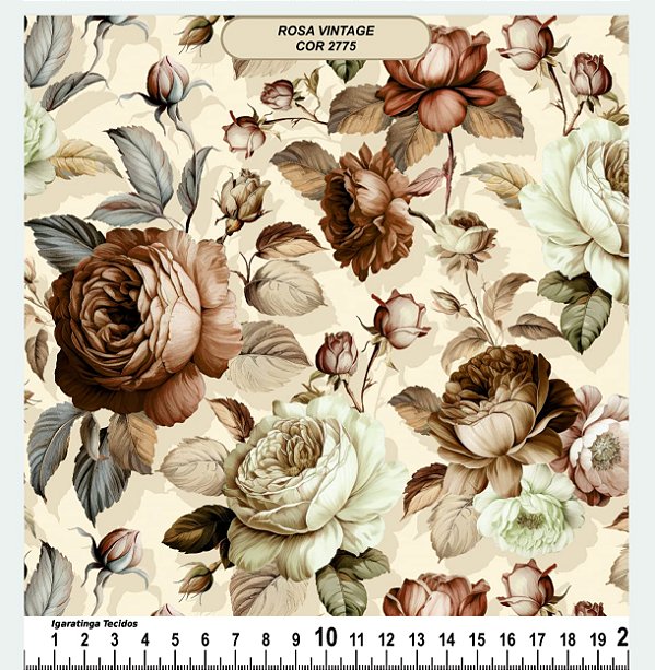 Tricoline Floral compose Marrom Esverdeado (55cm x 1,50)