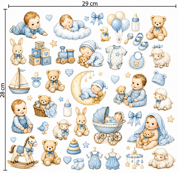 Decalques têxtil infantil, bebê (1 cartela 29cm x 28cm)