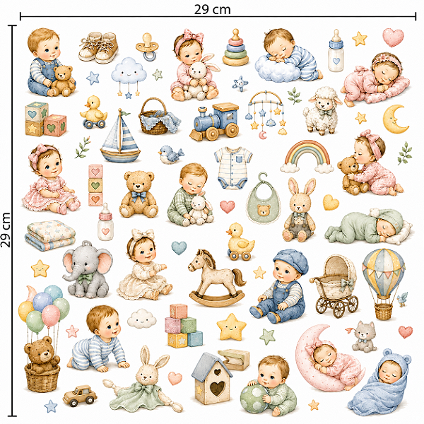 Decalques têxtil infantil, bebê (1 cartela com 29cm x 29)